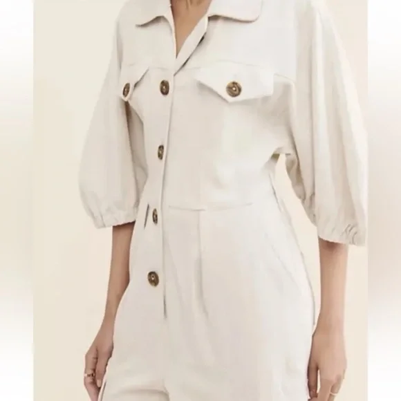 Divine‎ Heritage Princess Cotton Linen Cargo Puff Sleeve Jumpsuit Tan Size Small - Picture 2 of 11